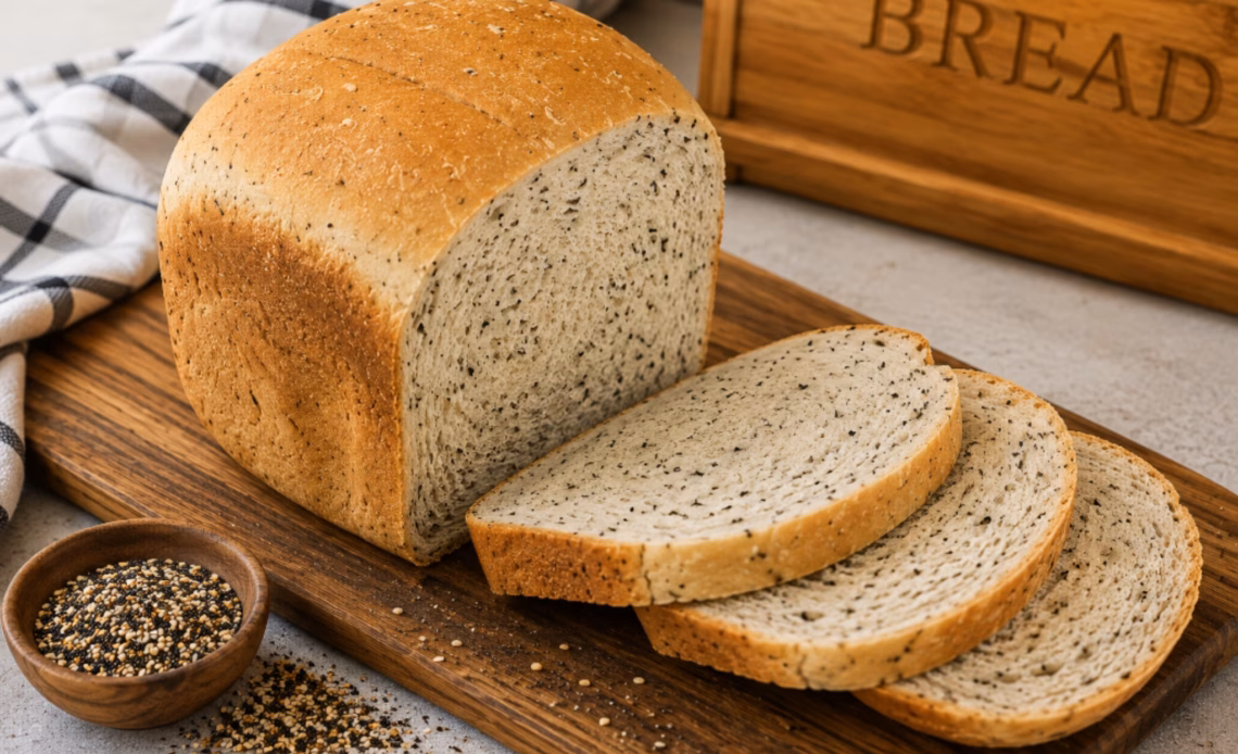 Homemade bread machine everything bagel bread, sliced on a wooden cutting board with everything bagel seasoning.
