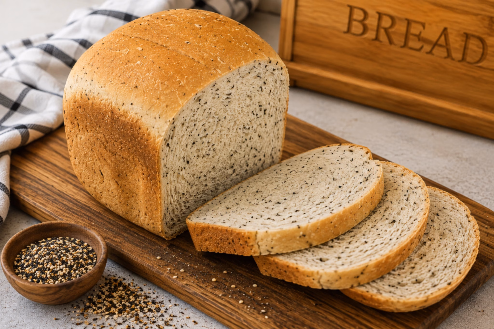 Homemade bread machine everything bagel bread, sliced on a wooden cutting board with everything bagel seasoning.
