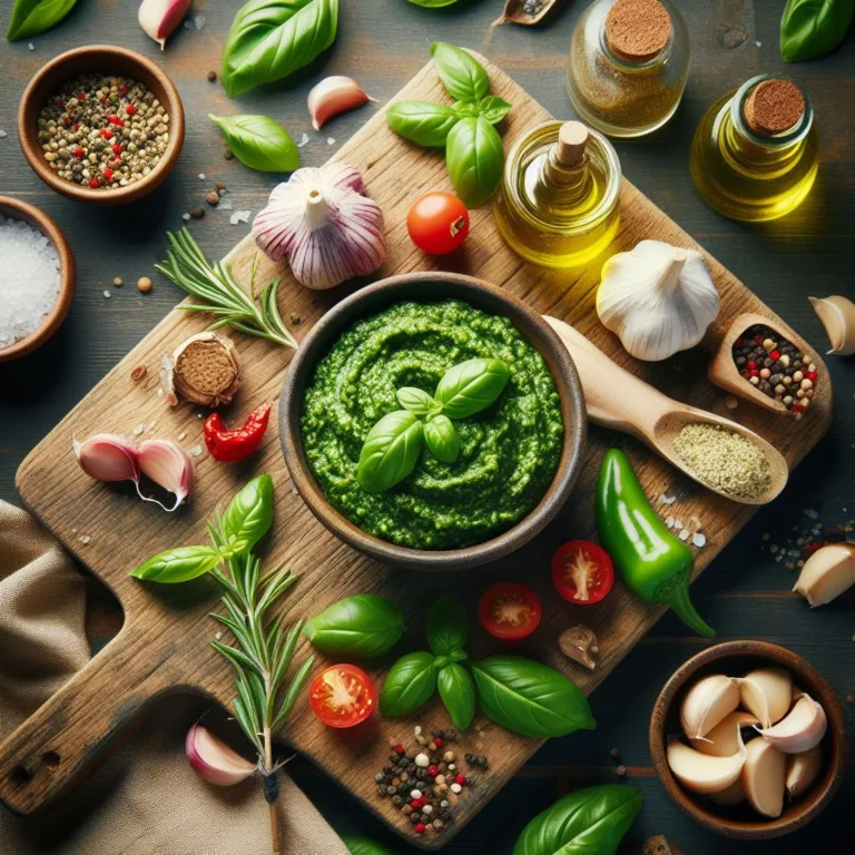 Pesto with Ingredients on Cutting Board Image