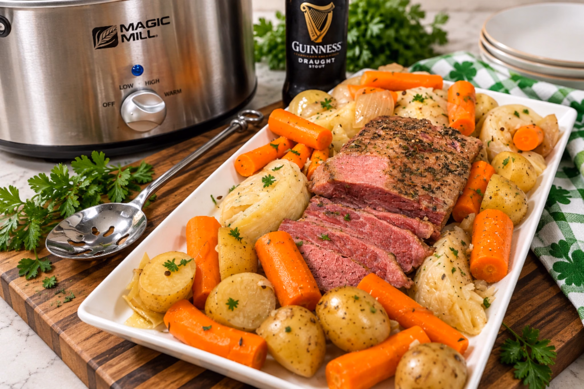 Slow cooker corned beef and cabbage with carrots and potatoes on a white serving platter