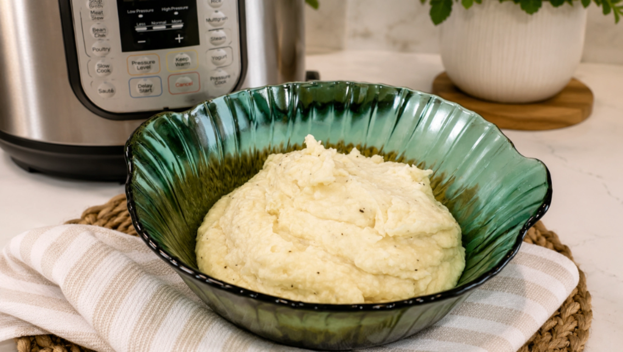 Image of Instant Pot Horseradish Mashed Potatoes in front of an Instant Pot