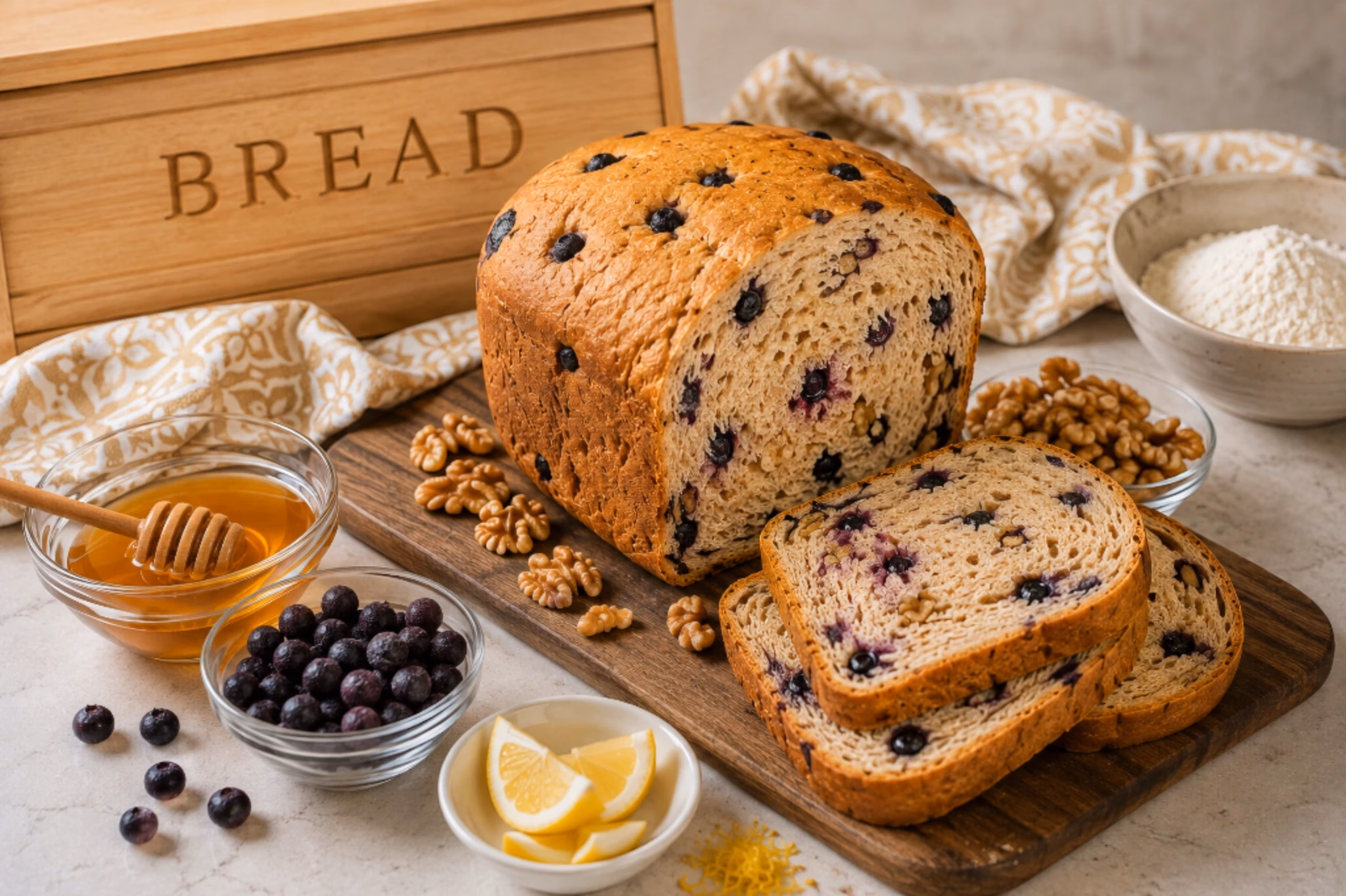 Homemade blueberry walnut honey wheat bread with sliced loaf, blueberries, walnuts, honey, and lemon zest.
