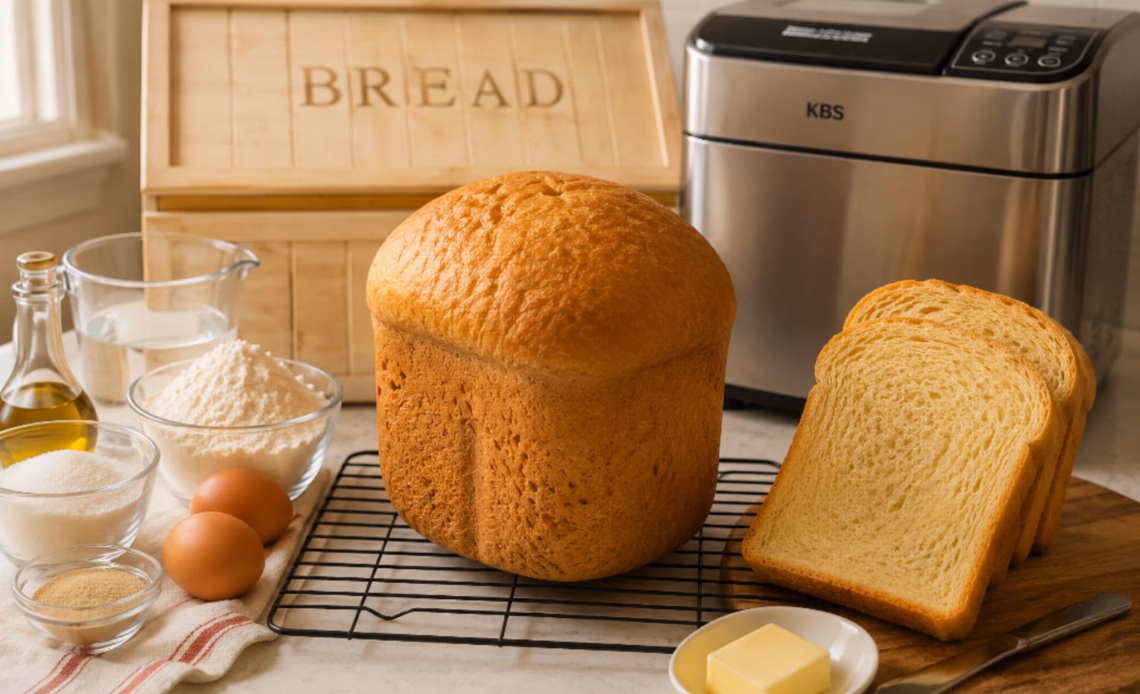 Homemade bread machine brioche bread with sliced brioche, butter, baking ingredients, and a KBS bread machine in the background.