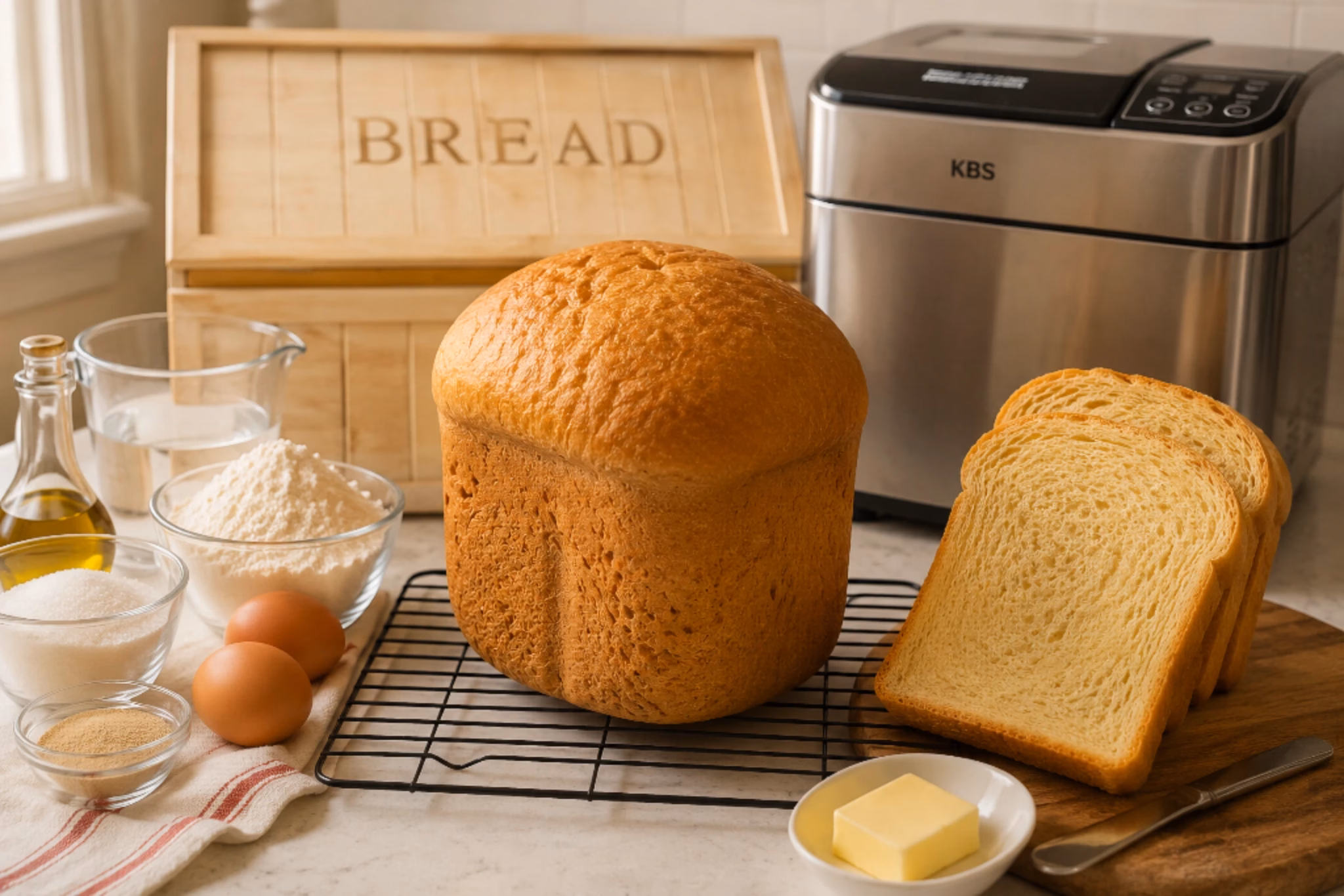 Homemade bread machine brioche bread with sliced brioche, butter, baking ingredients, and a KBS bread machine in the background.