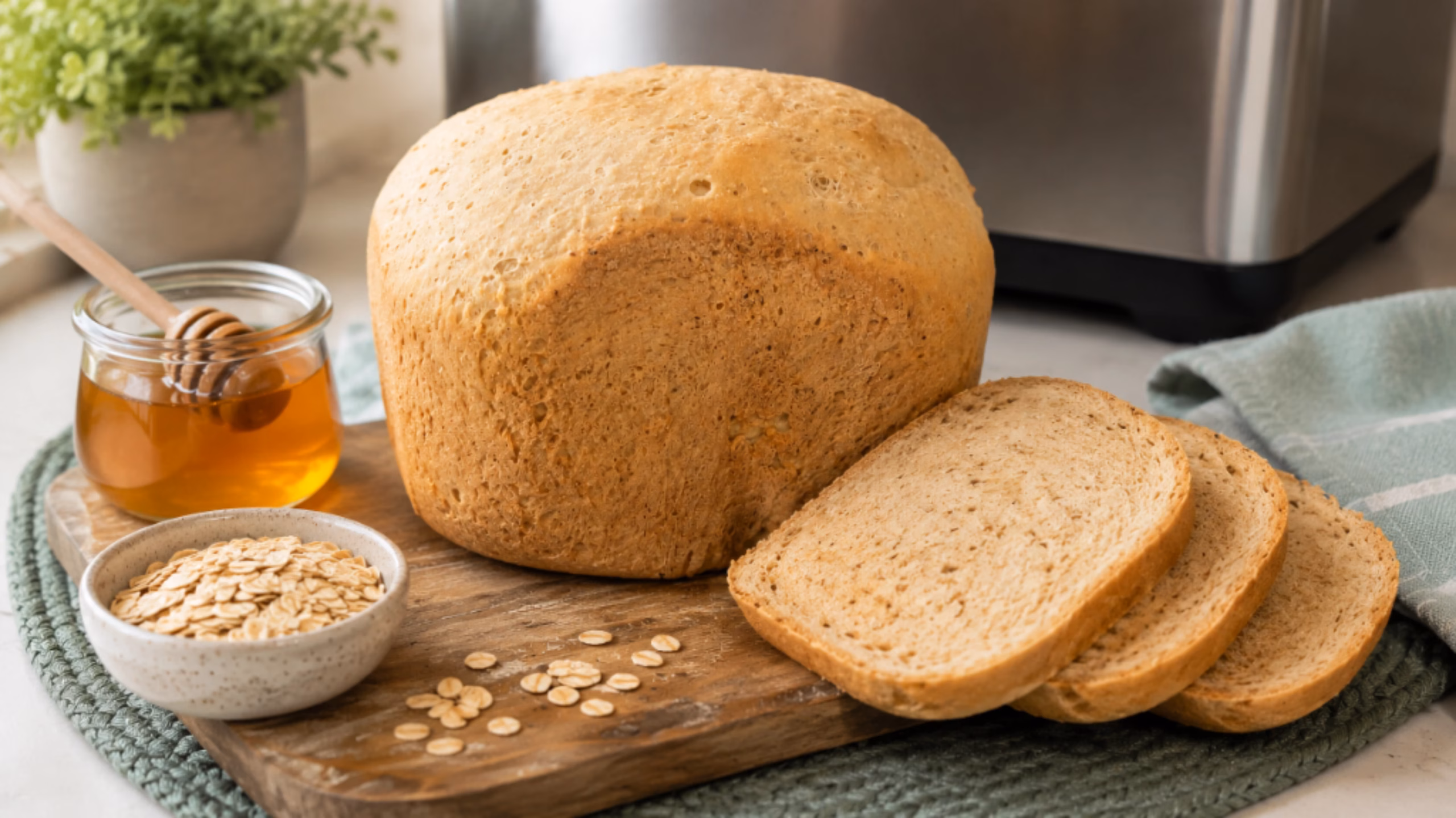 Homemade bread machine honey oat bread with sliced loaf, rolled oats, and honey on a wooden cutting board.