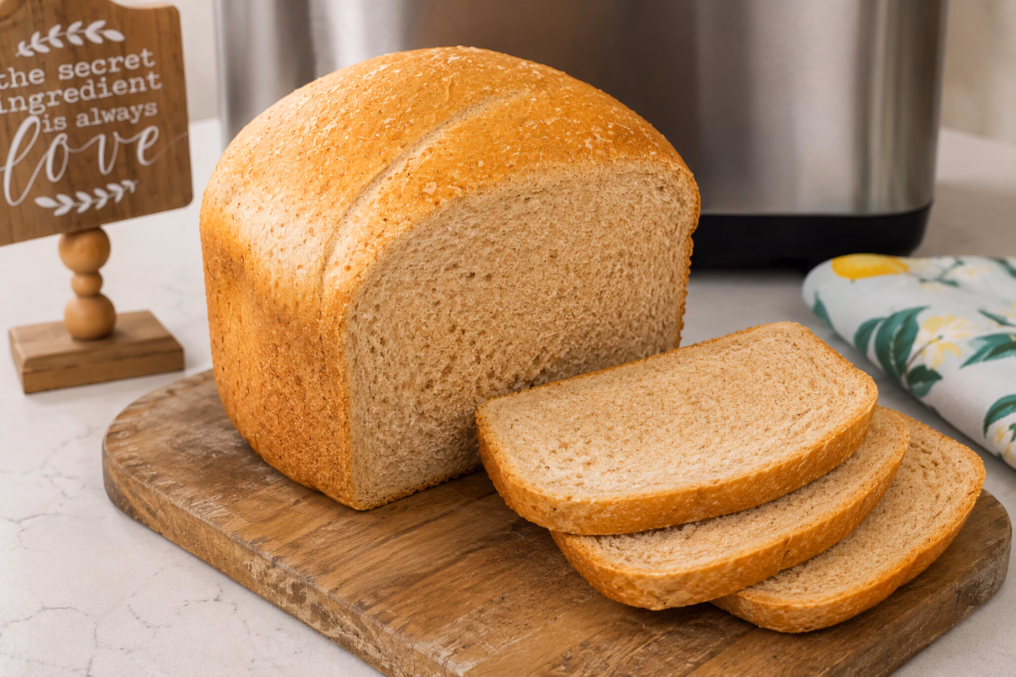 Homemade bread machine maple wheat bread with three slices on a wooden cutting board.