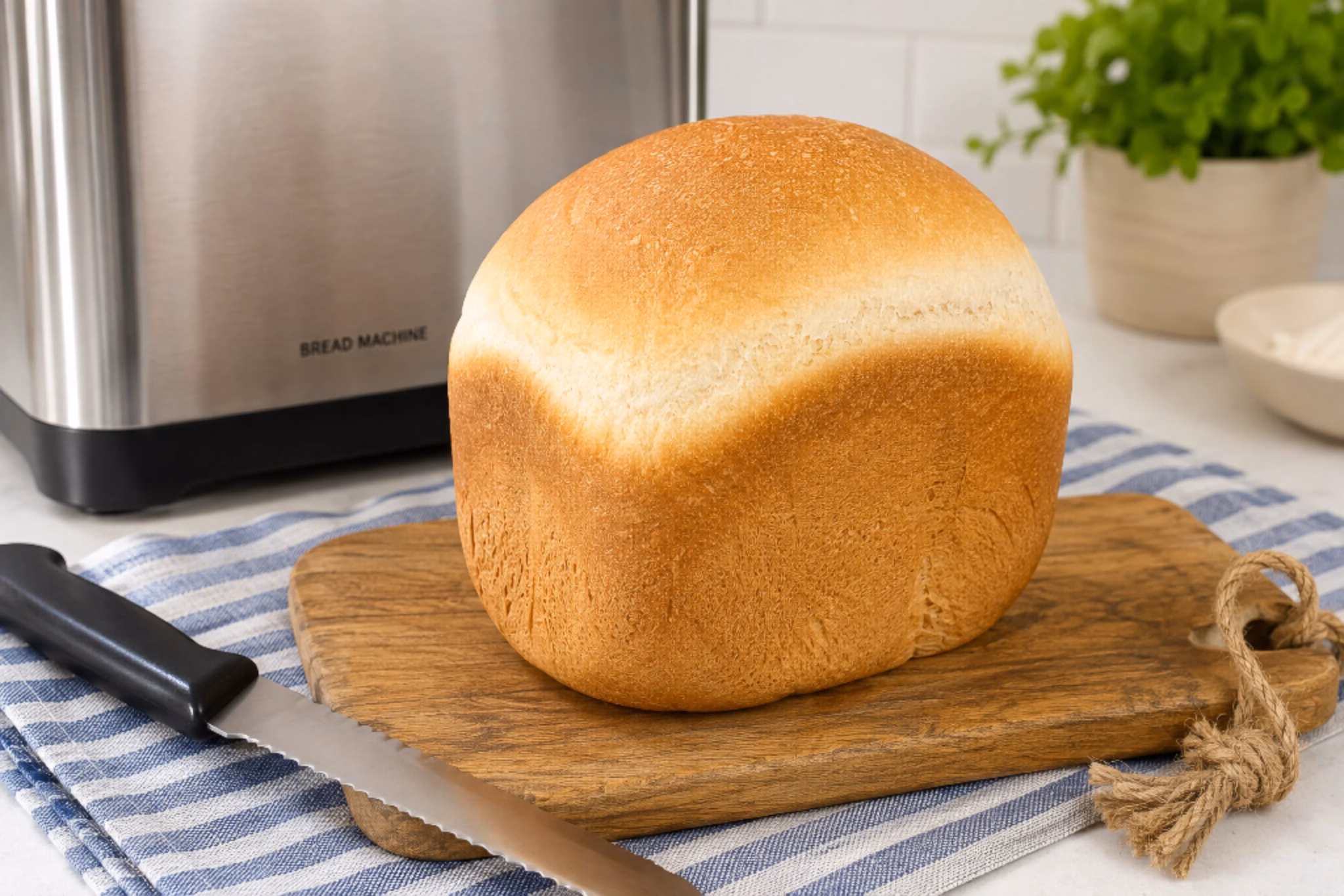 Homemade bread machine white bread on a wooden cutting board with a bread machine in the background.