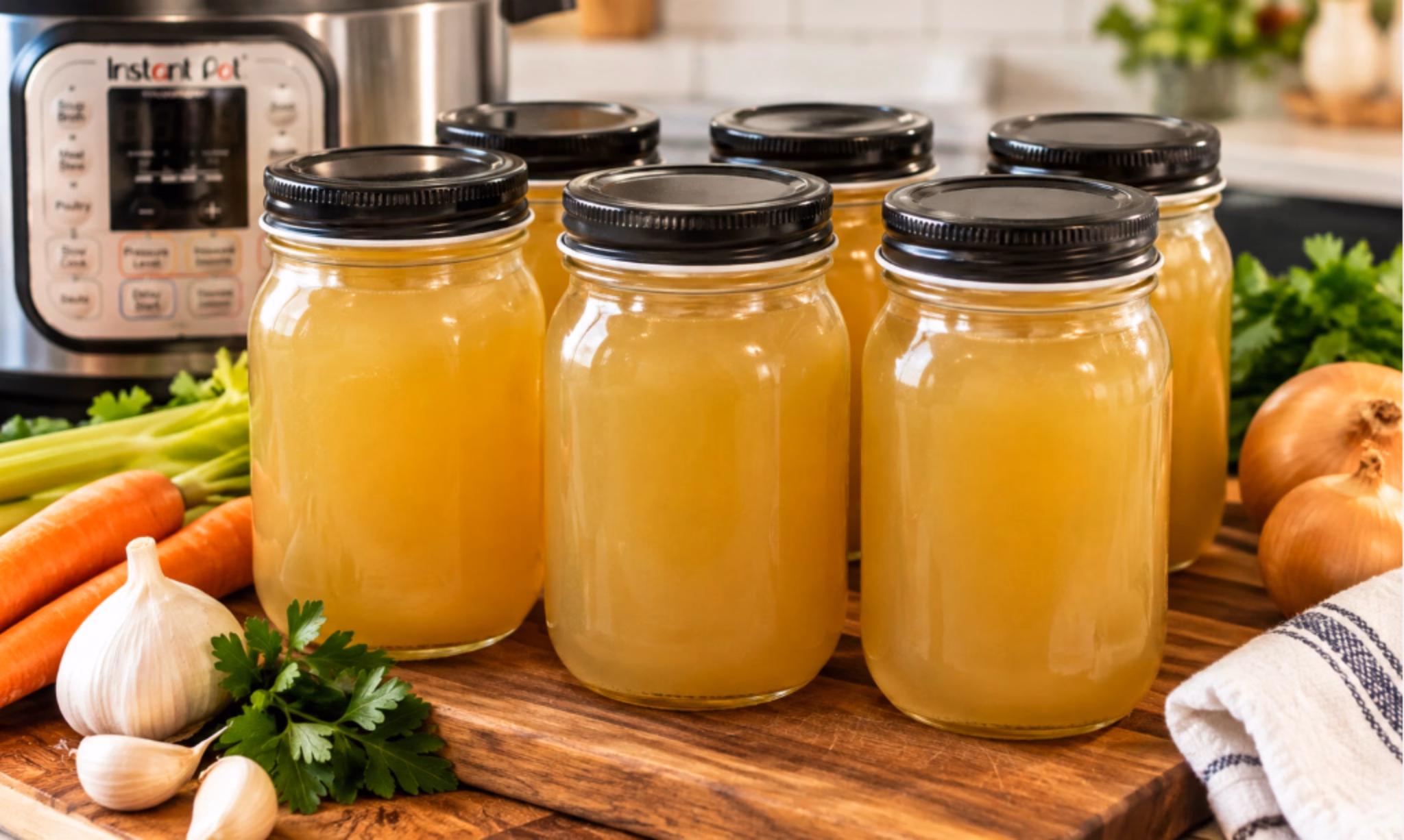 Instant Pot Homemade Chicken Broth in mason jars with an Instant Pot