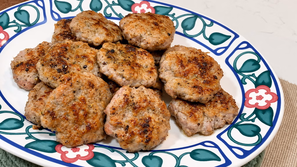 Homemade breakfast sausage patties with maple syrup, fennel, herbs, and cracked black pepper in a skillet.
