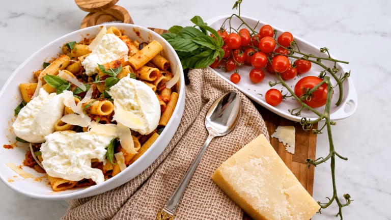 Rigatoni alla Norma with eggplant tomato sauce, fresh basil, and burrata cheese.