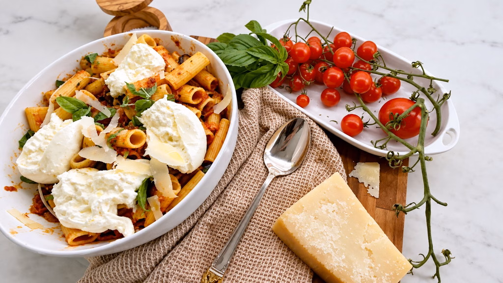 Rigatoni alla Norma with eggplant tomato sauce, fresh basil, and burrata cheese.