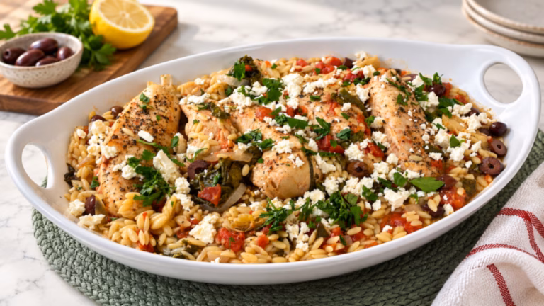 Slow cooker Mediterranean chicken and orzo with spinach, tomatoes, olives, artichokes and feta.
