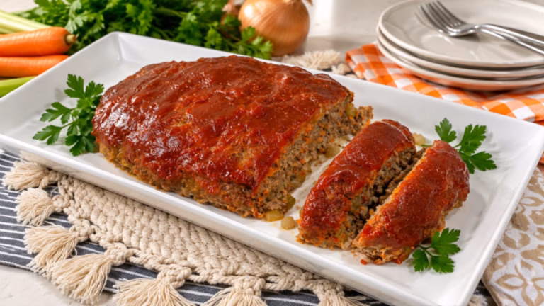 Homemade meatloaf with BBQ glaze sliced on a white rectangular serving platter.