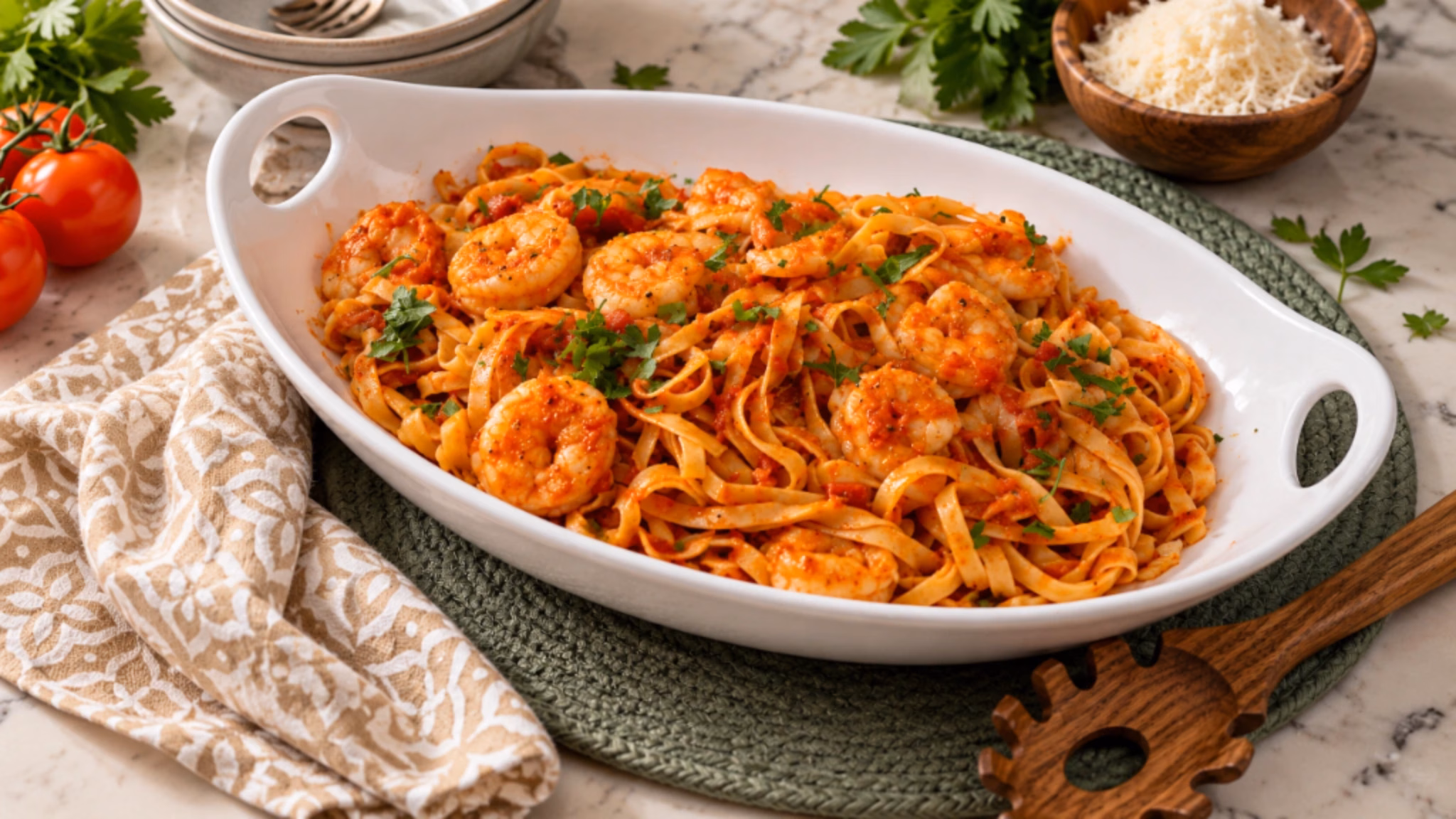 Shrimp Fra Diavolo with fettuccine, spicy tomato sauce, fresh parsley, and plump shrimp served in a white oval dish.