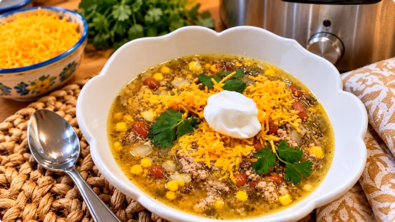 A bowl of green turkey chili topped with cilantro, cheese, and avocado.