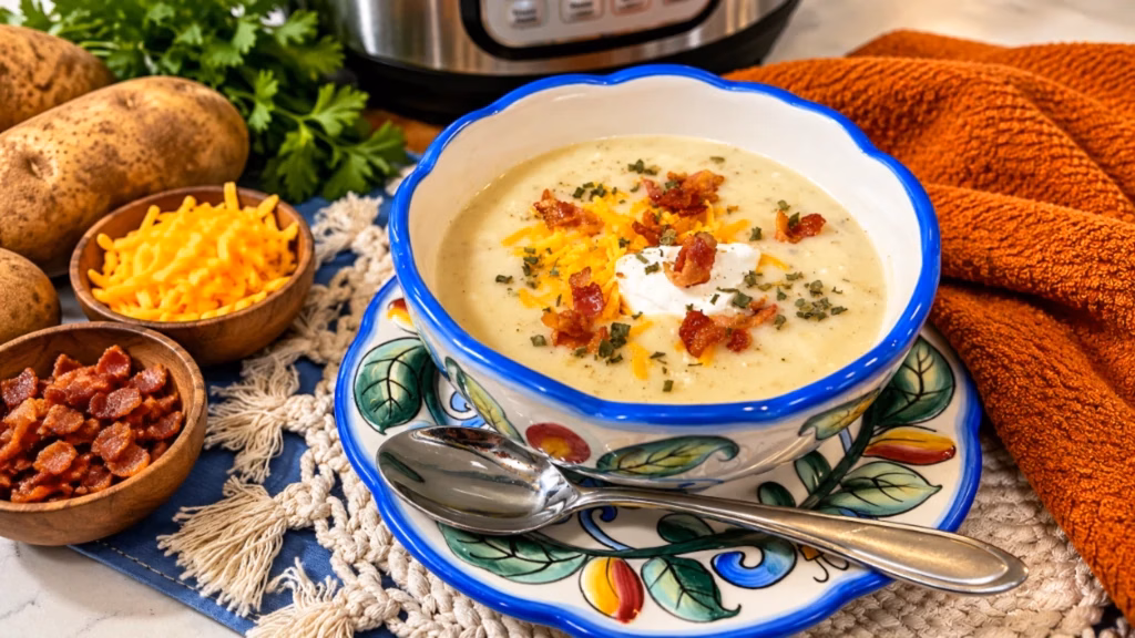 Instant Pot Baked Potato Soup served in a home-style presentation.