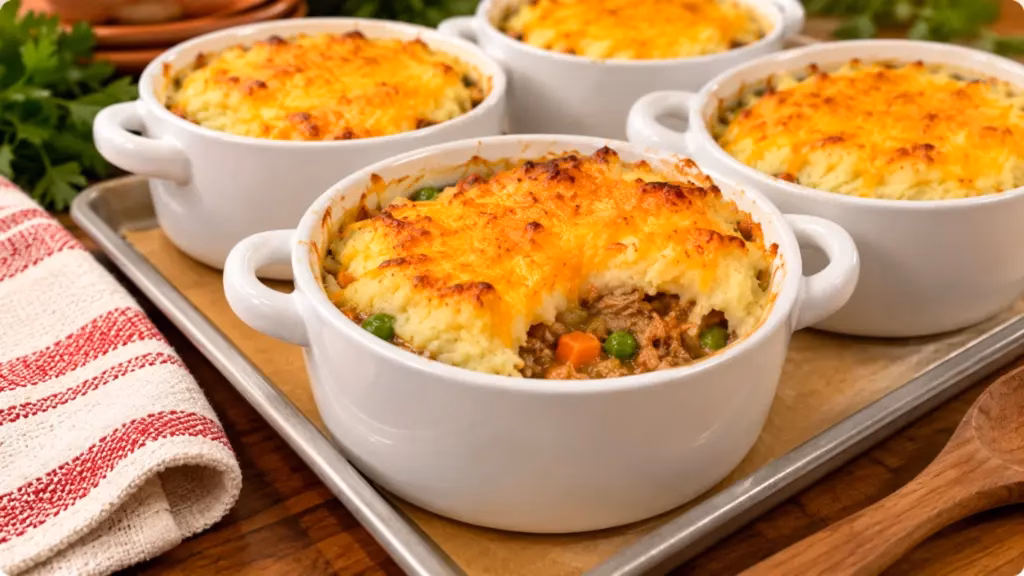 Turkey shepherd’s pie layered with vegetables, gravy, mashed potatoes, and melted cheddar.