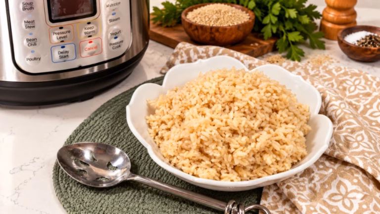 Fluffy Instant Pot brown rice served in a white bowl beside an electric pressure cooker.