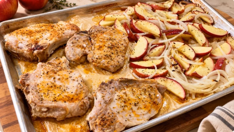 Sheet Pan Pork Chops with Apples and Onions served and ready to eat.