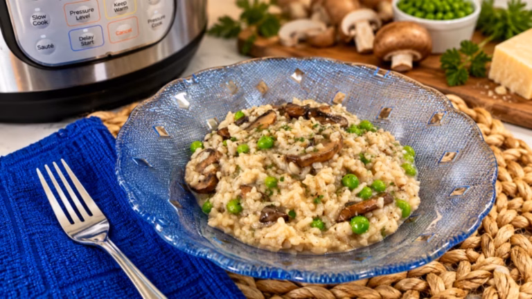 Instant Pot mushroom risotto with green peas and grated Pecorino Romano in a blue bowl.