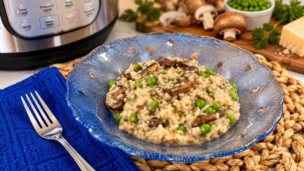 Instant Pot mushroom risotto with green peas and grated Pecorino Romano in a blue bowl.