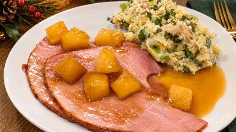 Pineapple-glazed ham served with chunky smashed baby gold potatoes.