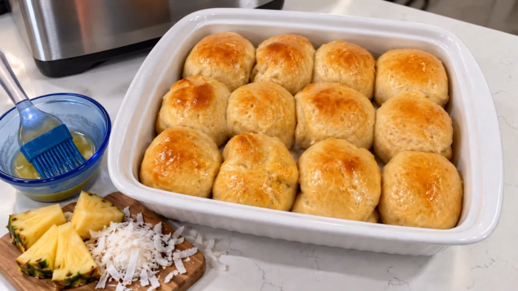 Soft homemade Hawaiian rolls baked together in a rectangular casserole dish.
