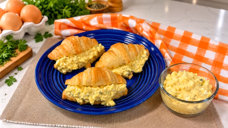 Creamy homemade egg salad served in croissants, with sliced hard-boiled eggs and a bowl of egg salad nearby.