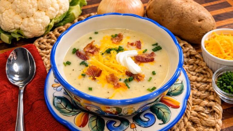 A bowl of blended Instant Pot cauliflower and potato soup topped with bacon, sour cream, chives, and cheddar.