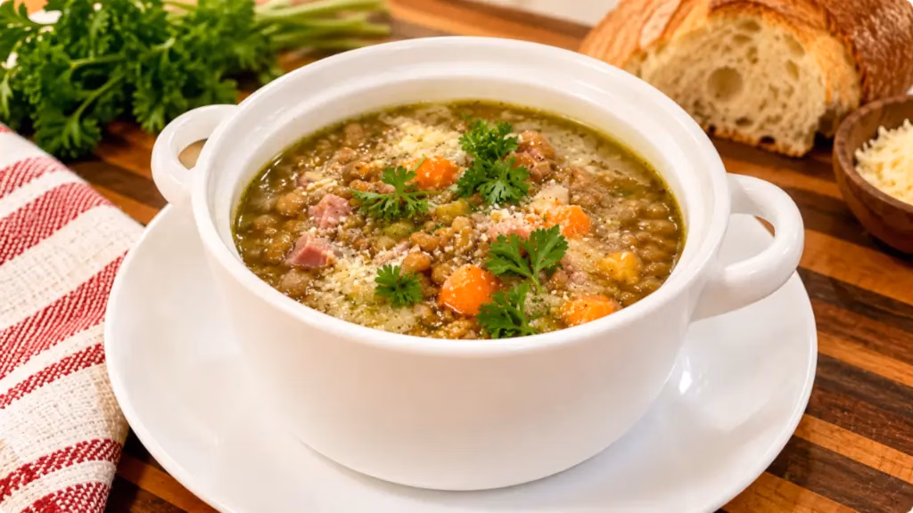 A bowl of ham and lentil soup topped with grated Pecorino Romano and fresh parsley.
