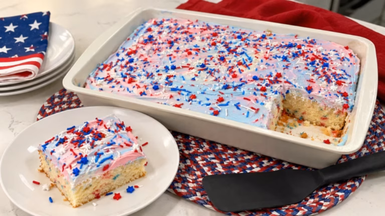 Patriotic Vanilla Sheet Cake with Buttercream Frosting served and ready to eat.