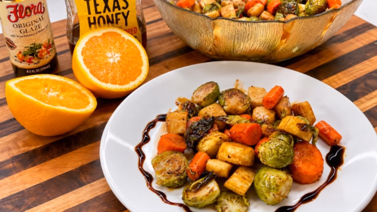 Balsamic, Honey & Orange Glazed Roasted Vegetables served and ready to eat.