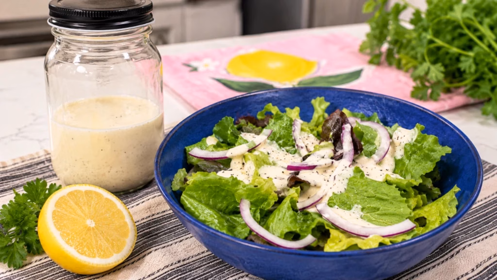 Creamy Lemon Parmesan Salad Dressing served and ready to eat.