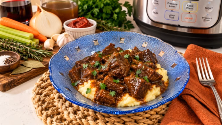 Instant Pot beef short ribs with glossy gravy and parsley in a blue bowl, served over mashed potatoes.