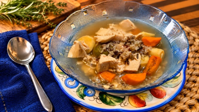 Turkey, Wild Rice, and Vegetable Soup served in a home-style presentation.