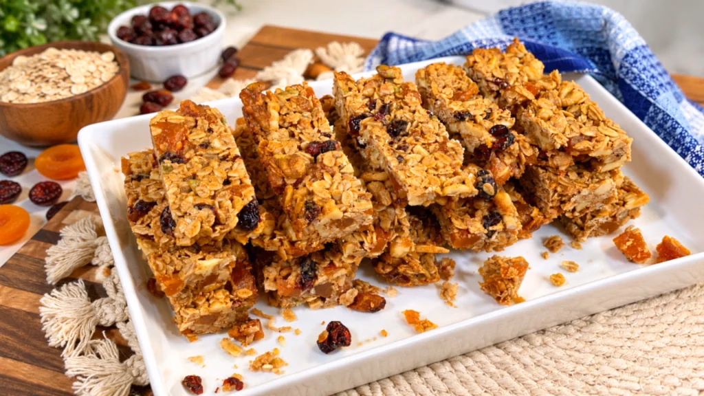 Homemade granola bars with oats, nuts, seeds, dried apricots, and cranberries arranged on a white platter.