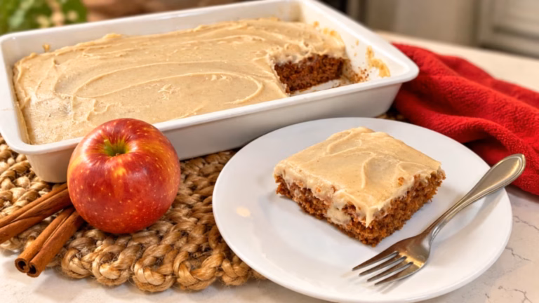 Applesauce Spice Cake with Brown Butter Cream Cheese Frosting served in a home-style presentation.