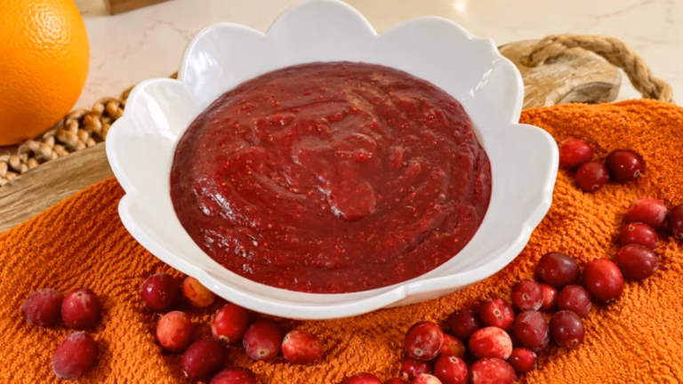 Cranberry Sauce with Orange and Pomegranate served in a home-style presentation.