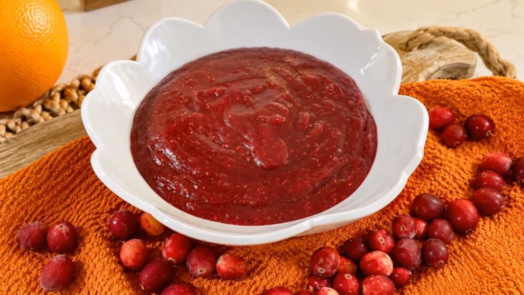 Cranberry Sauce with Orange and Pomegranate served in a home-style presentation.