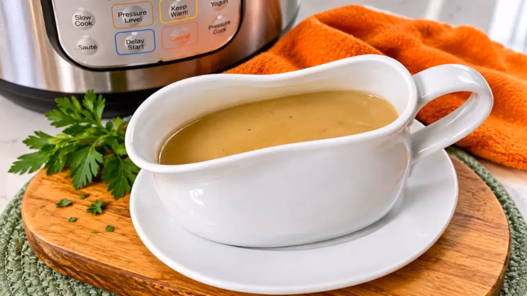 A small bowl of smooth vegetarian gravy beside a holiday meal.