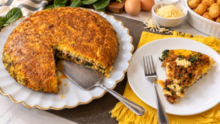 Sausage, spinach, and goat cheese tater tot frittata shown whole and sliced on serving plates.
