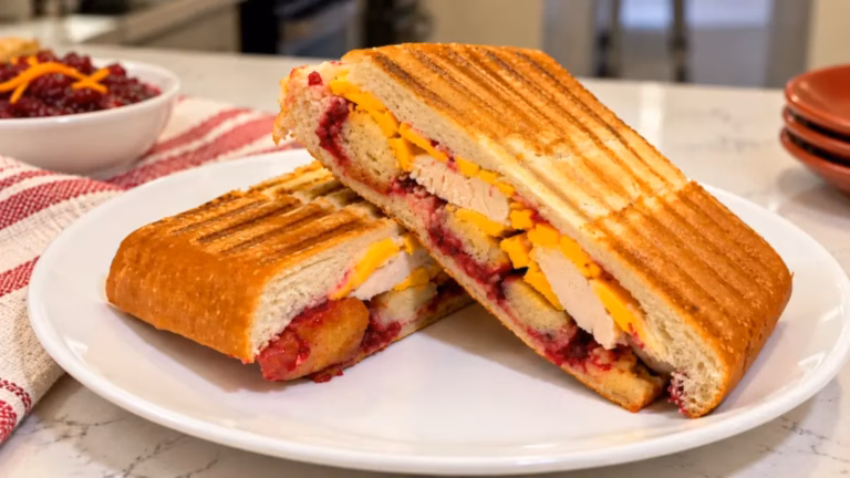 A grilled Italian bread panini filled with turkey, stuffing, cranberry sauce, and cheese.