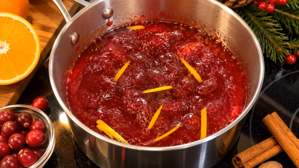 Homemade cranberry sauce with orange zest, cinnamon, and warm spices.